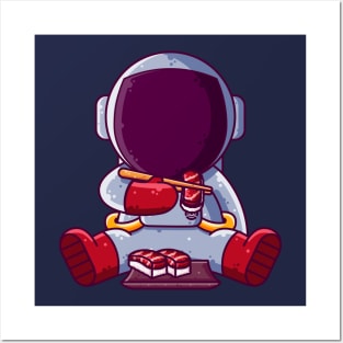 Cute Astronaut Eating Sushi Cartoon Posters and Art